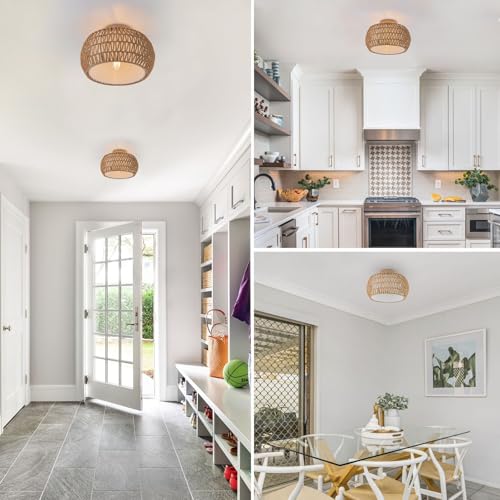 Rattan Light Chandeliers Boho Ceiling Light Fixtures Drum Flush Mount Ceiling Light Small Woven Chandelier for Kitchen Bedroom Hallway Nursery Light Fixture - color: Rattan Drum