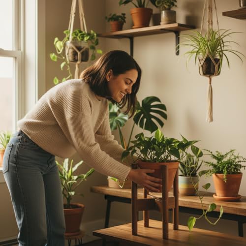 Adjustable Plant Stand for 8–12 Inch Pots, Solid Acacia Wood, Mid-Century Modern Indoor Outdoor Planter Holder with Stainless Steel Screws, Natural Brown (Pot & Plant Not Included) - color: PU Natural Brown