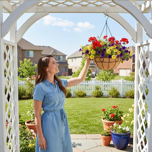 EIMQUVW Outdoor Hanging Planter(4-Pack) Black Metal Hanging Baskets with Coconut Fiber Lining 14 inch Round Chain Flower Pots for Patio Garden Greenery Decoration - size: 14 Inch, style: Circular