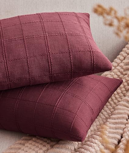 ZeeMart Linen Checked Lumbar Throw Pillow Covers Set of 2, 12x20 Inch Allover Grid Burgundy, Farmhouse Decorative Double Sided Grid Embroidered Couch Pillow Cases Red Cotton Linen Cushion Covers - color: Allover Grid Burgundy, size: 20" x 12" (Pack of 2)