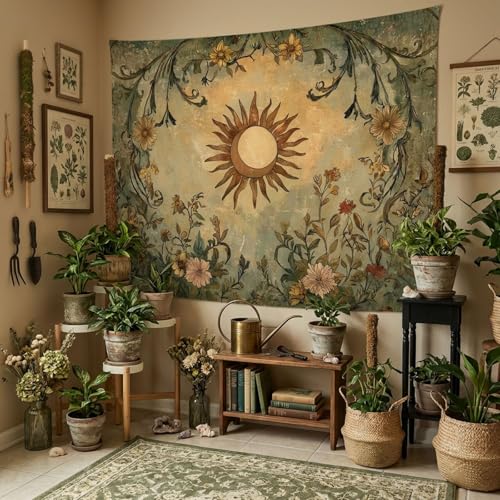 Lifeel Vintage Sun and Moon Tapestry, Boho Retro Green Plant Aesthetics Tapestries for Living Room Dorm, 36x48 inches - color: cream, size: 48"L x 36"W
