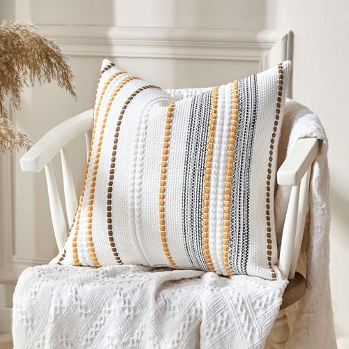 Farmhouse Throw Pillow Covers 18x18 Accent Fall Pillow Cover Boho Pillows Textured Woven Pillow Cases Striped Decorative Mustard Yellow Cushion Cases for Couch Sofa Bed Living Room(Pack of 1) - color: Orange, size: 18" x 18" (Pack of 1)