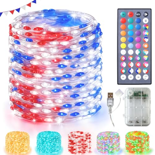 Lovelite Fairy Lights Battery Operated USB Plug in, 34 Colors Changing 33ft 100LED Patriotic String Lights with Remote, Waterproof Twinkle Lights for Bedroom Indoor Outdoor 4th of July Party Decor - size: 100LED/33FT (Battery+USB)