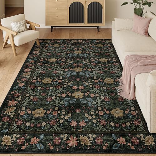 DUKINO 5x7 Area Rugs, Floral Washable Rugs for Bedroom with Non Slip Backing, Vintage Low Pile Indoor Floor Carpets for Bedroom, Living Room, Farmhouse, Home Office, Dining Room, Black - color: Black, size: 5' x 7' (Rectangular)