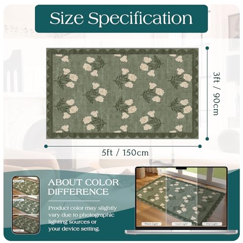 3x5 Floral Entry Rug - Small Washable Indoor Outdoor Mats for Front Door Non-Slip Spring Porch Rug Sage Green Farmhouse Throw Rugs for Living Room Bedroom Entryway Kitchen Office Porch Decor - color: Flower - Green, size: 3' x 5' (Rectangular)