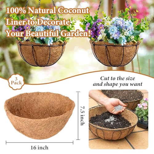 Legigo 3 Pack 16 Inch Hanging Basket Coco Liners Replacement, 100% Natural Round Coconut Coco Fiber Planter Basket Liners for Hanging Basket Flowers/Vegetables - color: 3pcs, size: 16 Inch