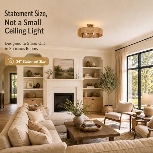 24" Natural Rattan Flush Mount Ceiling Light Fixture, 5-Light Gold Hand-Woven Wicker Boho Chandelier for Bedroom, Living Room, Dining Room, Kitchen, Rustic Lamp for Hallway and Entryway - color: Pattern A