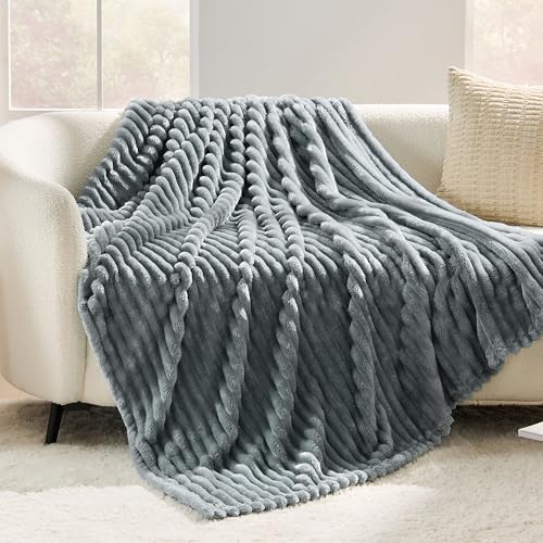 Gray Striped Queen Size Blanket, 330GSM Soft Plush Fleece Blanket for Couch Sofa Bed, Decorative Cozy Giftable Home Blanket, 90x90 Inches - color: Grey, size: Queen(90"x90")