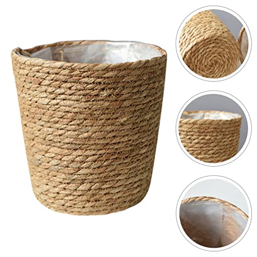 Beavorty Woven Flower Basket Hand Woven Straw Planter with Plastic Liner 8.66 Inch Indoor Decorative Plant Pot for Home Office Garden - size: 22X15CM