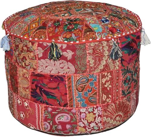 Bohemian Indian Patchwork Ottoman Pouf Cover – 18"x13" inch Round Cotton Embroidered Footstool Pillow – Vintage Ethnic Decor, Red (Cover Only) - color: Red, size: 18"D x 18"W x 13"H