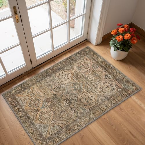 Bavni 2x3 Entryway Rug Bathroom Rugs for Front Door Bedroom Bathroom Kitchen, Washable Vintage Print Carpet, Ultra-Thin Chenille Lightweight Rug with Non Slip Backing, Warm Taupe - color: Area Warm Taupe, size: 2' x 3' (Rectangular)