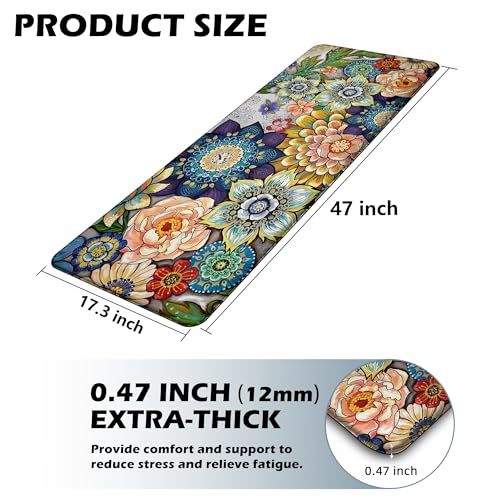 Floral Kitchen Runner Rug Mat for Floor Boho Cushioned Anti-Fatigue Mat Memory Foam Standing Desk Padded Comfort Floor Mat for Sink, Office, Laundry, 17.3x47 Inch - 1/2 Inch Thick - color: Colorful Boho Floral, size: 17.3"L x 17.3"W x 0.5"Th