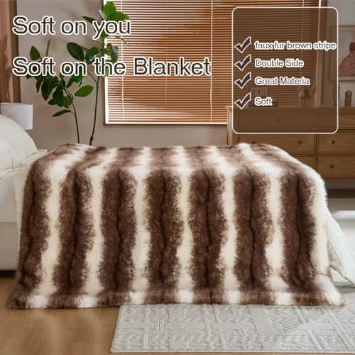 Luxury Fluffy Faux Fur Throw Blanket,Thick Fluffy Silky Fuzzy Cozy Blanket,Plush Blankets for Couch, Sofa, Chair, Bed-Faux Fur Brown Stripe 50 * 60inch - color: Faux Fur Brown Stripe, size: Throw (50" x 60")