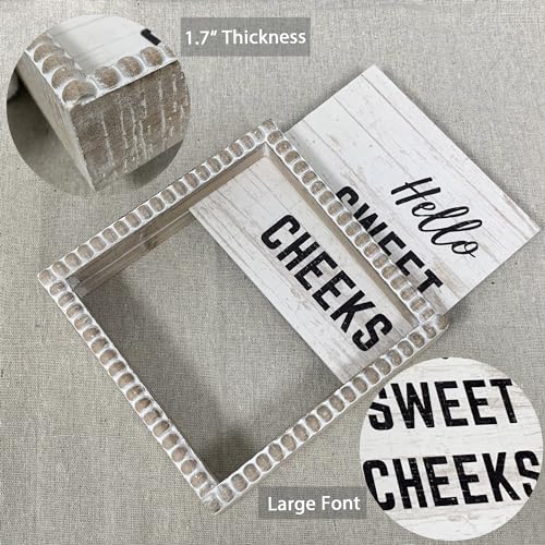 Boho Farmhouse Wooden Framed Bathroom Decor Signs, Funny Restroom Decorative Plaque Small Cute, Toilet Rules Shelf Decoration (Hello Sweet Cheeks) - color: Hello Sweet Cheeks