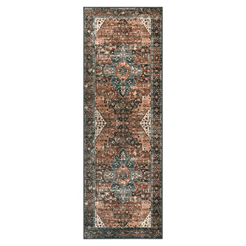 Moynesa Ultra-Thin Washable Runner Rug - 2x6 Non-Slip Non-Shedding Hallway Runner, Stain Resistant Kitchen Mat Laundry Entryway Carpet for Doorway Bedside, Brick Red/Dull Teal - color: Brick Red, size: 2' x 6'