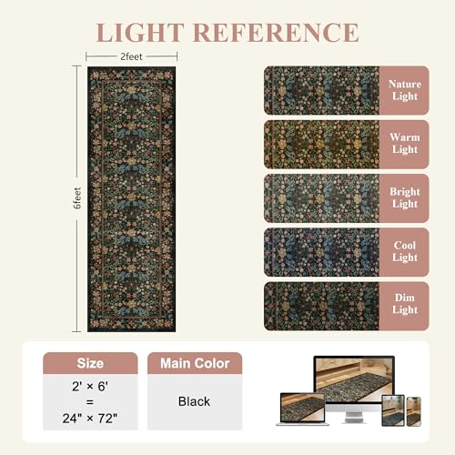DUKINO 2x6 Runner Rug for Hallway, Washable Vintage Floral Kitchen Rug with Non Slip Backing, Soft Low Pile Throw Carpet Runner for Kitchen, Laundry, Hallway, Bathroom, Black - color: Black, size: 2' x 6' (Rectangular)