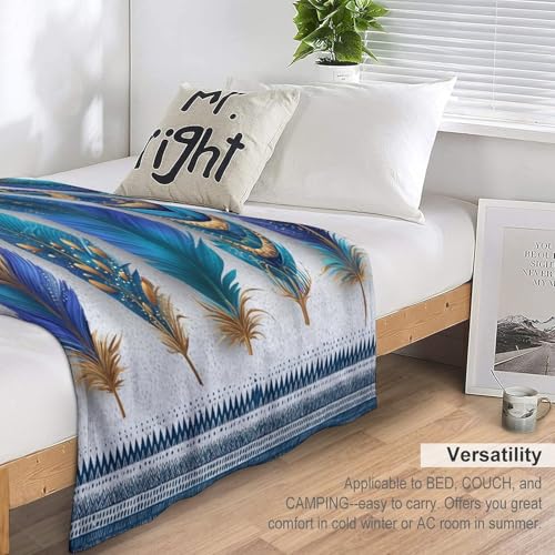 Blanket Boho Feather Gold Ornament Throw Blanket for Women Men, 60"x80" Blue Geometric Pattern Border Plush Flannel Throws, Decor for Bed Couch Bedroom - color: Boho Feather Gold Ornament, size: 60"x80"