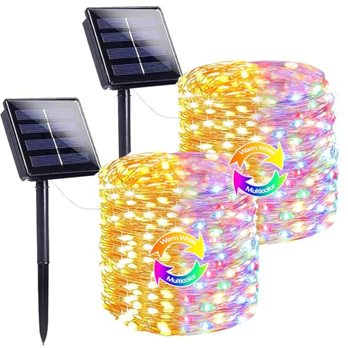 Warm White and Multicolor Color Changing Solar String Lights for Outside, 2 Pack 400LED Solar Fairy Lights Outdoor Waterproof, Copper Wire with 8 Modes Solar Twinkle Lights for Tree Garden Yard Party - color: Warm White to Multicolor, size: 2 Pack-400LED