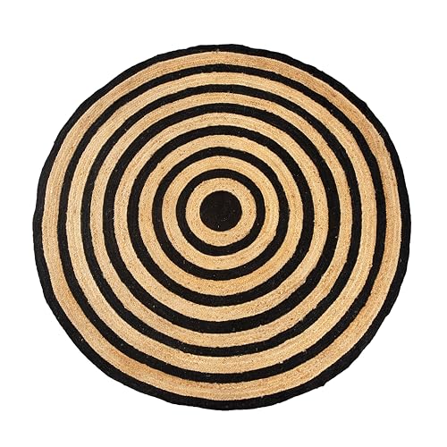 GRUHUM Round Jute Black Area Rugs 10ft Natural Fiber Rug with Rings Handwoven Boho Reversible Farmhouse Braided Rustic Vintage Rug Indoor Kitchen Bedroom Living Room Hallways Enterways 10 feet Circle - color: Natural / Black, size: 10' (Round)