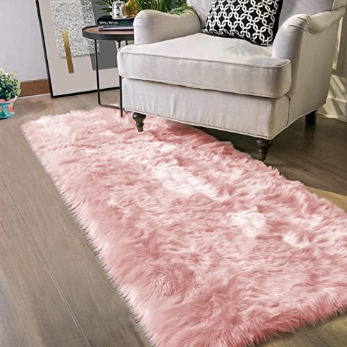Latepis Pink Runner Faux Sheepskin Fur Rugs 2X5 Fluffy Rug for Bedroom Cute Furry Shag Fuzzy Rug for Girls Room Dorm Luxury Room Decor - color: Pink, size: 2' x 5' (Runner)