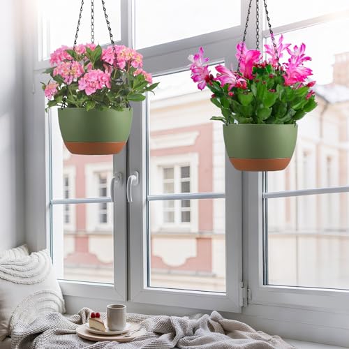 Set of 2 Hanging Planters for Indoor Outdoor Plants, 10 Inch Self-Watering Hanging Flower Pots with Drainage Hole & Removable Water-Storage Tray (Hooks) - color: Green, size: 10 Inch (M)