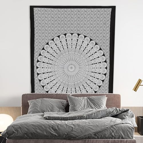 Bless International Handmade Indian hippie Bohemian Psychedelic Peacock Mandala Wall hanging College Dorm Beach Throws Table Cloth Bedding Tapestry (Black White, Queen(84x90Inches)(215x230Cms)) - color: Black White, size: 90"L x 84"W