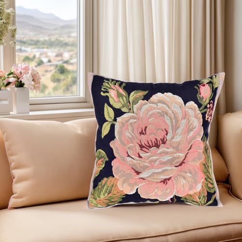 18x18 Tapestry Pillow Cover, Jacquard Woven Botanical Square Vintage Floral Large Pink Rose Decorative Throw Pillow Sham for Couch, Victorian Accent Cushion Case (Antique Rose & Charcoal Black Floral) - color: Antique Rose & Charcoal Black Floral
