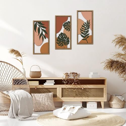 KAIRNE Boho Tropical Wooden Wall Art Set,Botanical Palm Leaf Wood Decor,Farmhouse Geometric Hanging Decor Set of 3(8X16),Framed Minimalist Nature Bohemian Wood Art For Living Room Bedroom Office Decoration, - color: Abstract Botanical Wooden Wall Art, siz