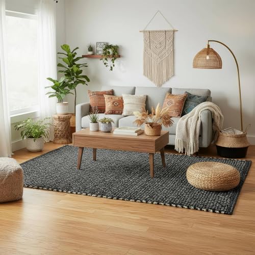 Black 6x9 Jute Rug Braided Construction - Farmhouse Woven Carpet - Mid-Century Modern Floor Covering for Bedroom Living Room, 6' x 9' - color: Black, size: 6' x 9'
