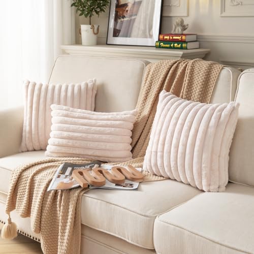 DEELAND Pack of 2,Double-Sided Faux Fur Plush Decorative Throw Pillow Covers Fuzzy Striped Soft Pillowcase Cushion Covers for Sofa Couch Bedroom Beige 26x26 inch - color: Beige, size: 26" x 26" (Pack of 2)
