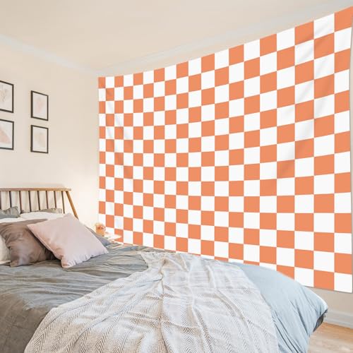 HVEST Vintage Checkered Tapestry Wall Hanging Orange Checkered Plaid Pattern Tapestries Modern Minimalist Tapestry for Bedroom Aesthetic Living Room Dorm, 51L x 59W Inches - color: Orange, size: 51"L x 59"W