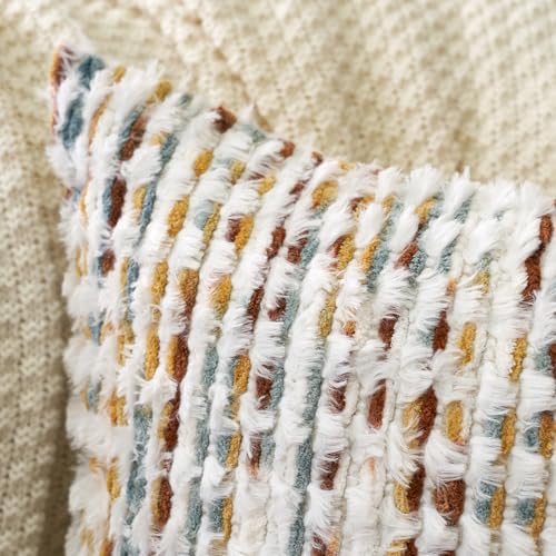 Aeckself Boho Chenille Tufted Pillow Cover 18 x 18 Inch, Decorative Square Throw Pillow Cover Neutral Pillowcase for Couch Bedroom Living Room, Orange White - color: Orange White, size: 18" x 18" (Pack of 1)