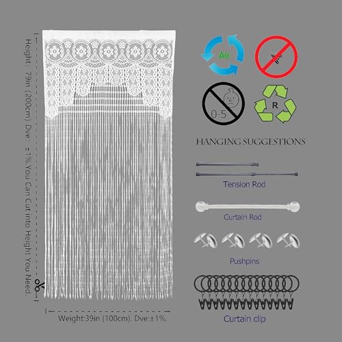 Lace Door String Curtain for Doorways，Bohemian Curtains Window Wall Closet Bedroom Kitchen Hippie Hanging Panels Boho Room Divider - color: White, size: 39"W x 79"L (Pack of 2)