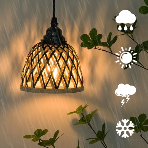 2 Pack Bamboo Chandelier/Dimmer, Waterproof Outdoor Pendant Light for Patio/Gazebo, Hand-Woven Boho Style, Battery Operated (No Wiring)