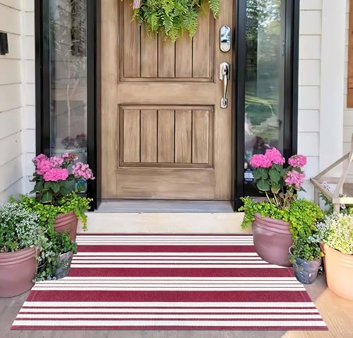 Red and White Striped Outdoor Rug 24'' x 35'' Door Mat Outdoor Machine Washable Welcome Mats Cotton Hand-Woven Entryway Rug for Front Porch/Entryway/Laundry/Bathroom/Bedroom - color: Red, size: 2' x 3' (Rectangular)