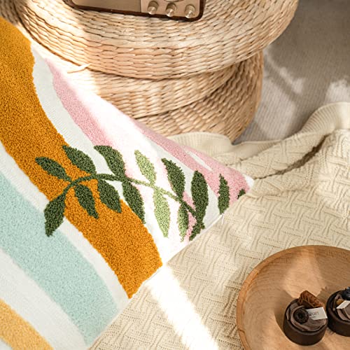 Stylish Bohu Colorful Throw Pillow Covers 18x18,Soft Mid Century Floral Minimalist Geometric Line Aesthetic Embroidered Throw Pillowcases for Couch Sofa Bedroom Living Room,1PC - color: Brown,green,wathet,pink