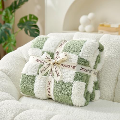 Snuggle Sac Faux Fur Checkered Blanket Twin Size with Soft Knitted Microfiber,Cozy Soft Warm Blanket for Sofa Bedroom Living Room,St Patricks Day Gift,Sage Green Checker,60x80 inches - color: Green White, size: Twin(60"x80")