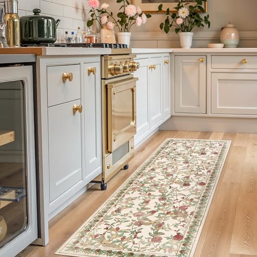 jinchan Eden Floral Washable Runner Rug 2x6 Vintage Hallway Rug Non-Slip Lightweight Soft Thin Kitchen Low Pile Distressed Red Green Carpet for Bathroom Laundry Room Bedroom Entryway - color: Eden Red/Green, size: 2' x 6' (Runner)