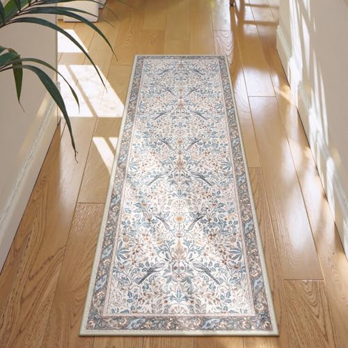 Morebes Boho Floral Birds 2x6 Kitchen Runner Rugs Non Skid Washable, Flower Rug Runners for Hallways Non Slip, Soft Botanical Indoor Throw Carpet for Entry Bedroom Laundry Room, Beige - color: Beige_01, size: 2' x 6' (Rectangular)