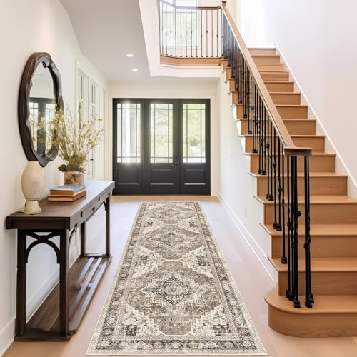 Roxstand Washable Runner Rug 2.6x8 Runners for Hallways, Ultra-Thin Carpet Runners for Entryway Anti Slip Backing Runner Rugs for Kitchen Laundry Room Indoor Hallway (Brown/Beige) - color: Brown/Beige, size: 2'6" x 8' (Runner)