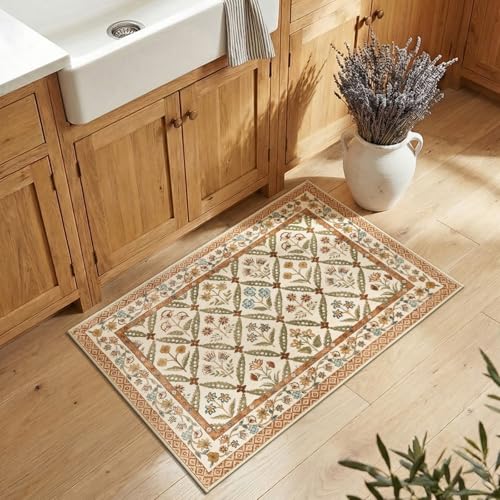 jinchan Haden Entryway Rug 2x3 Vintage Floral Washable Rug for Entrance Soft Non-Slip Low Pile Door Mat for Doorway Kitchen Bathroom Small Carpet Cottage Indoor Decor Terracotta - color: Terracotta, size: 2' x 3' (Rectangular)