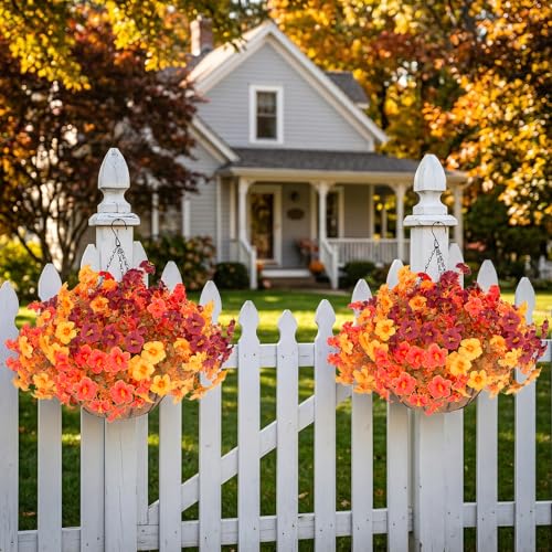 Daynight 2Set Artificial Outdoor Fall Flowers with Hanging Baskets,24Pcs Faux Petunias Flowers with Hanging Planter for Outside Porch Yard Garden Autumn Decor (2, Orange) - color: Orange