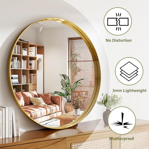 36 Inch Round Bathroom Mirror - Wall Mounted Circle Mirror with Metal Frame, Modern Mirror Suitable for Bathroom, Vanity, Entryway, Living Room, Wall Decor,Gold - color: Gold, size: 36"L x 36"W