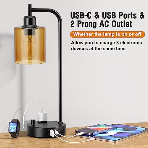 Industrial Bedside Lamps for Nightstand Set of 2 - Fully Dimmable Bedroom Lamps with USB A C Ports and Outlet, Black Table Lamps with Amber Glass Shade for Living Room, Desk Lamps for Office Reading - color: Amber