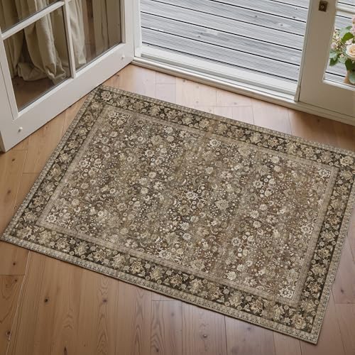 HUGEAR 2x3 Small Rug Machine Washable Area Rug Brown Entryway Rugs Entrance Door Mat Indoor Accent Rugs Floral Low Pile Carpet Distressed Throw Rug Kitchen Bedroom Office Non Slip - color: Floral | Brown, size: 2' x 3' (Rectangular)