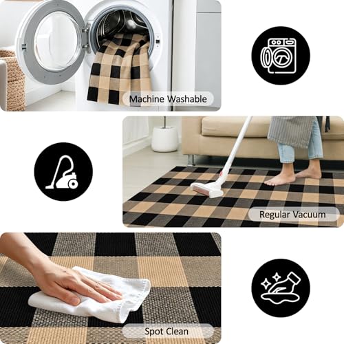 Buffalo Plaid Area Rug 2 X 3 Ft Brown and Black Checkered Outdoor Rug Cotton Washable Buffalo Plaid Rugs Front Door Mat for Porches Bathrooms Laundry Rooms and Living Rooms - color: Brown and Black, size: 2‘×3’