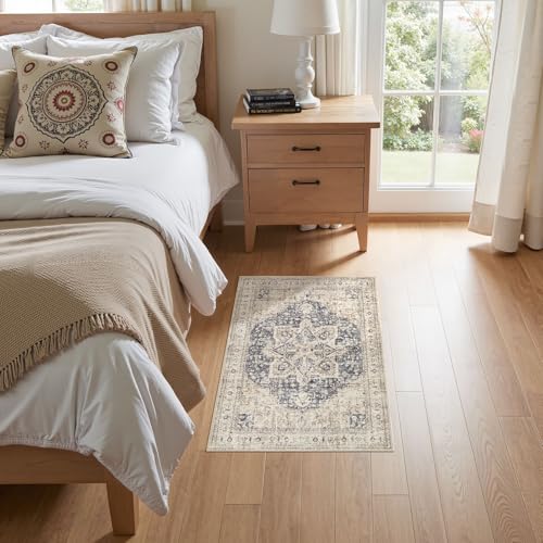 Tortania Area Rug 2x3 Doormat - Washable Vintage Oriental Farmhouse Soft Thin Indoor Carpet for Living Room Bedroom Hallway Entryway Kitchen - Cream/Blue - color: Cream/Blue, size: 2' x 3' (Rectangular)