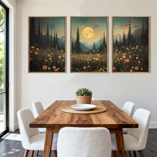 ANHUIB Moon Forest Wildflower Wall Art, Moonlit Pine Tree Wall Decor Dark Mountain Paintings Set of 3 for Living Room Bedroom Dining Room 16x24 Inch - color: Moon Night, size: 24"L x 16"W