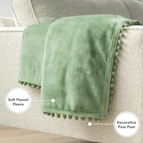 PAVILIA Fleece Throw Blanket for Couch with Pom Pom Fringe, Sage Light Green, Soft Cozy Fuzzy Flannel Blanket for Sofa Bed, Lightweight Plush All Season Throw, 50x60 Inches - color: Sage Green, size: 50"x60"