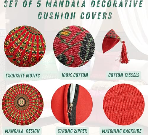 Set Of 5 Boho Throw Pillow Covers - Silk Decorative Cushions For Sofa, Couch, And Bed – Bohemian, Indian & Moroccan Inspired Home DéCor For Living Room (Mandala Cushion Cover, 18X18 Inches) - color: Mandala Cushion Cover